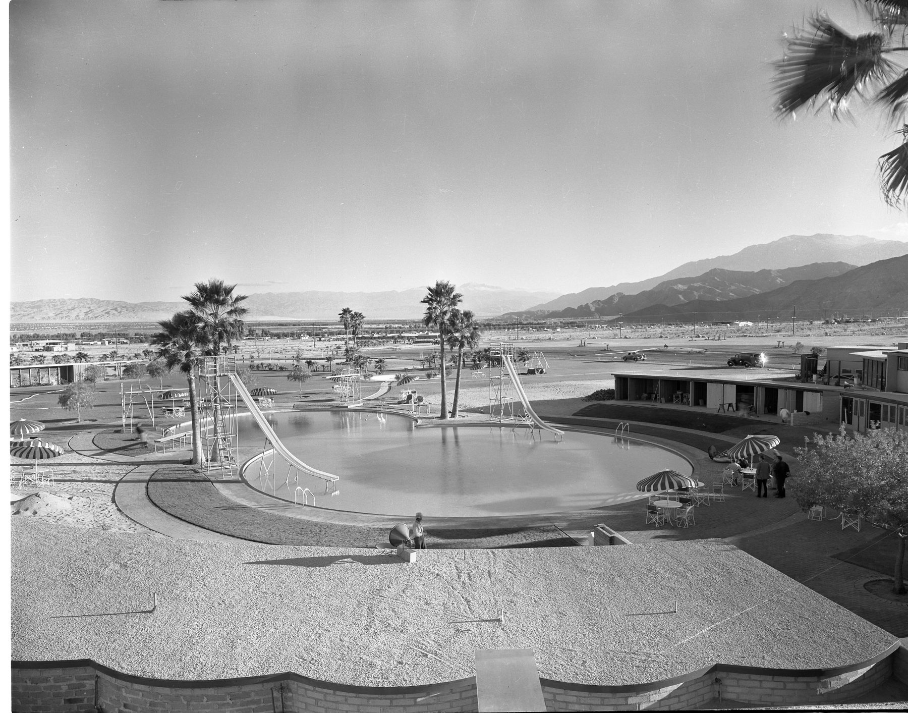 Modernist clubhouse and pool